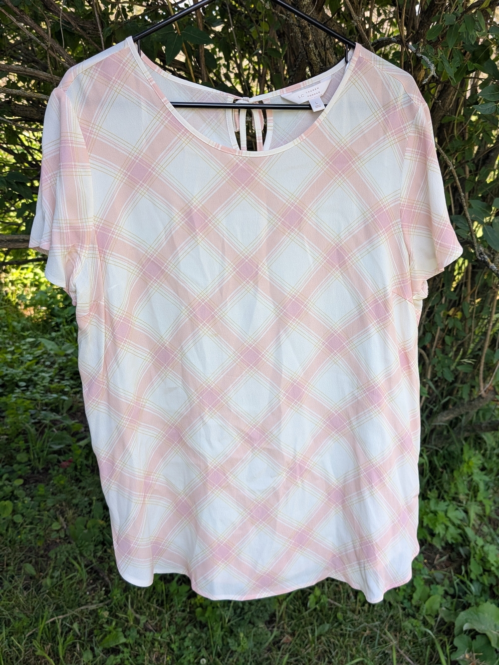 LC Lauren Conrad Pastel Pink Plaid Short Sleeve Blouse